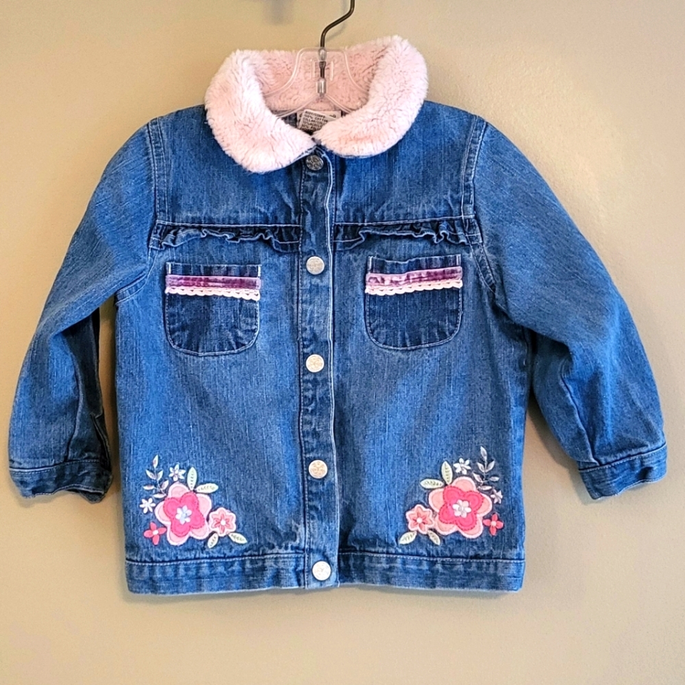 Vintage denim embrodiered jacket with pink faux fur collar